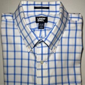 Lands’ End Blue Print No Iron Supima Pinpoint Button Down Collar Shirt 17 1/2-33